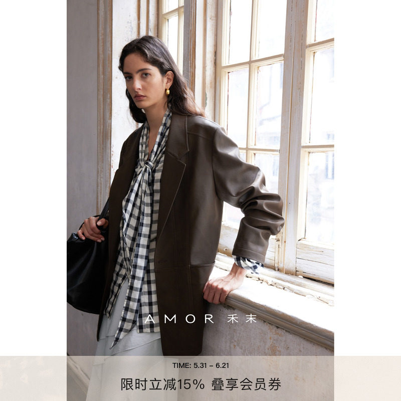 AMOR禾末“城市游牧”高级感廓形宽肩西装复古PU皮夹克宽松外套女