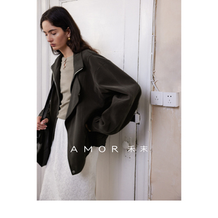 AMOR禾末 天然粘纖絨感PU立領復古休閑寬松夾克外套女 城市游牧