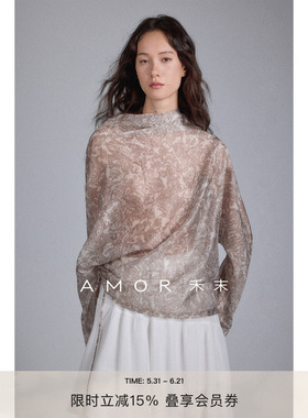 AMOR禾末“氤氲浪漫”复古佩斯利印花不对称抽绳后V领半透衬衫女