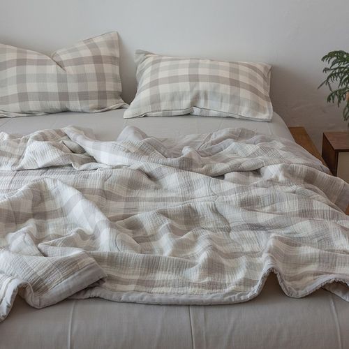 简约格子全棉三层纱棉花芯夏被四件套可水洗夏凉被纯棉亲肤空调被