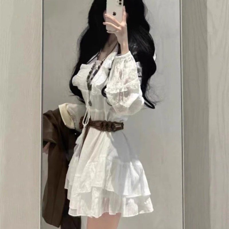 春夏秋小个子长袖连衣裙小白裙新疆云南海边旅游度假沙滩短裙女