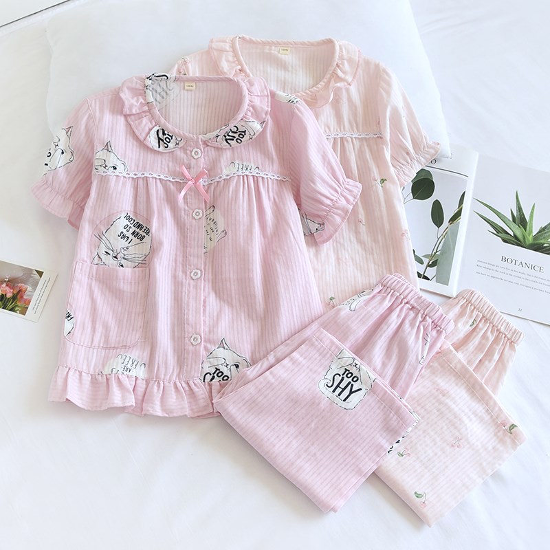 日式小清新樱桃睡衣儿童春夏薄纯棉纱布短袖七分裤女童凉快家居服