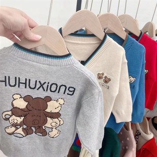 男童开衫毛衣薄外套纯棉红色童装春秋新款婴儿衣服儿童针织衫女宝