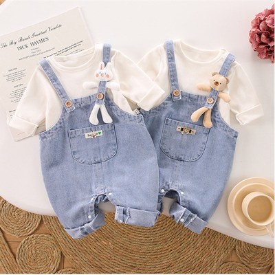 婴儿春装龙凤胎衣服牛仔背带裤套装百天周岁外出服洋气兄妹装春季