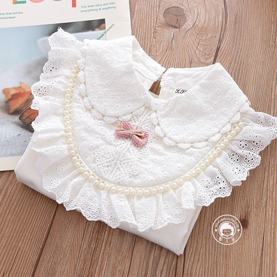 纯棉女童白色打底衫 儿童弹力翻领珍珠衬衫 女孩立领蕾花边中大童