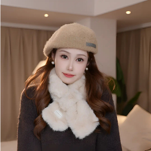 达芬奇密码蕾丝标仿貂毛围巾冬季氛围感精致时尚围脖女士配饰