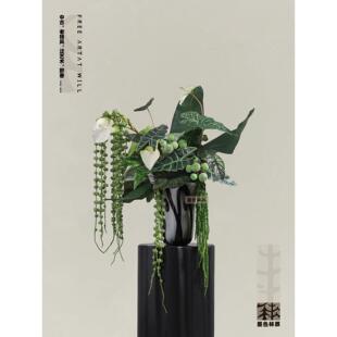 墨色林莽 质感软装琉璃花器高级感花艺搭配 样板间酒店展厅摆件