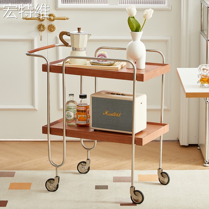 ins北欧中古樱桃木色不锈钢推车餐车置物架可拆卸包豪斯带轮茶几