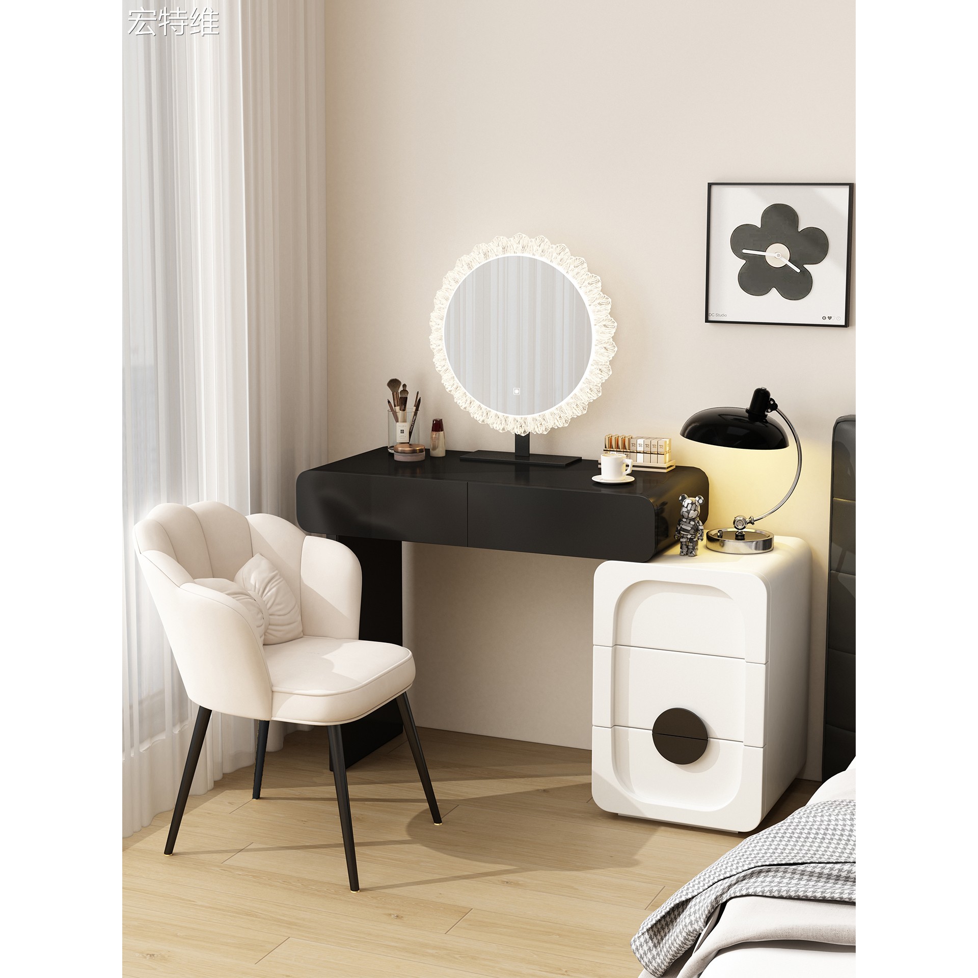 黑白梳妆台斗柜一体2025新款卧室小户型小型现代简约化妆桌子实木