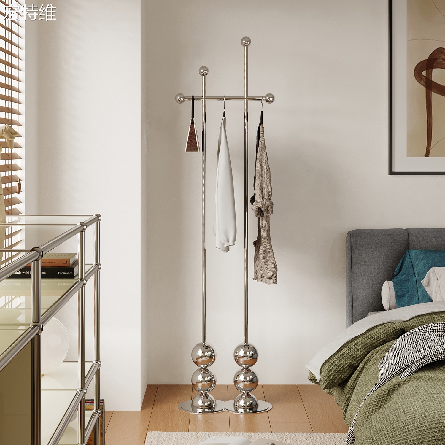 北欧不锈钢衣帽架客厅入户卧室收纳落地衣架简易轻奢中古挂衣服架