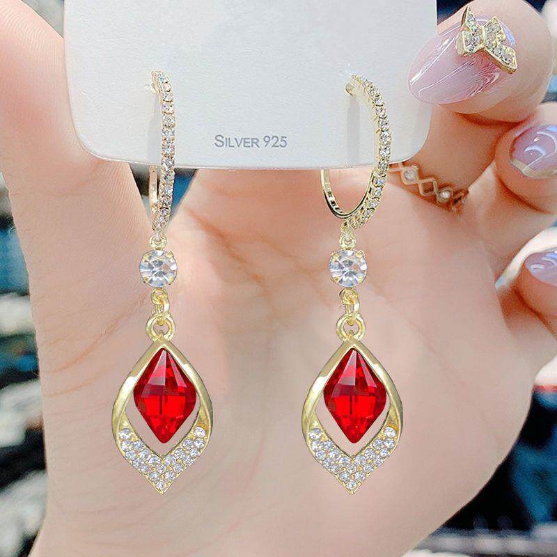 新年喜庆红水晶耳坠女款百搭