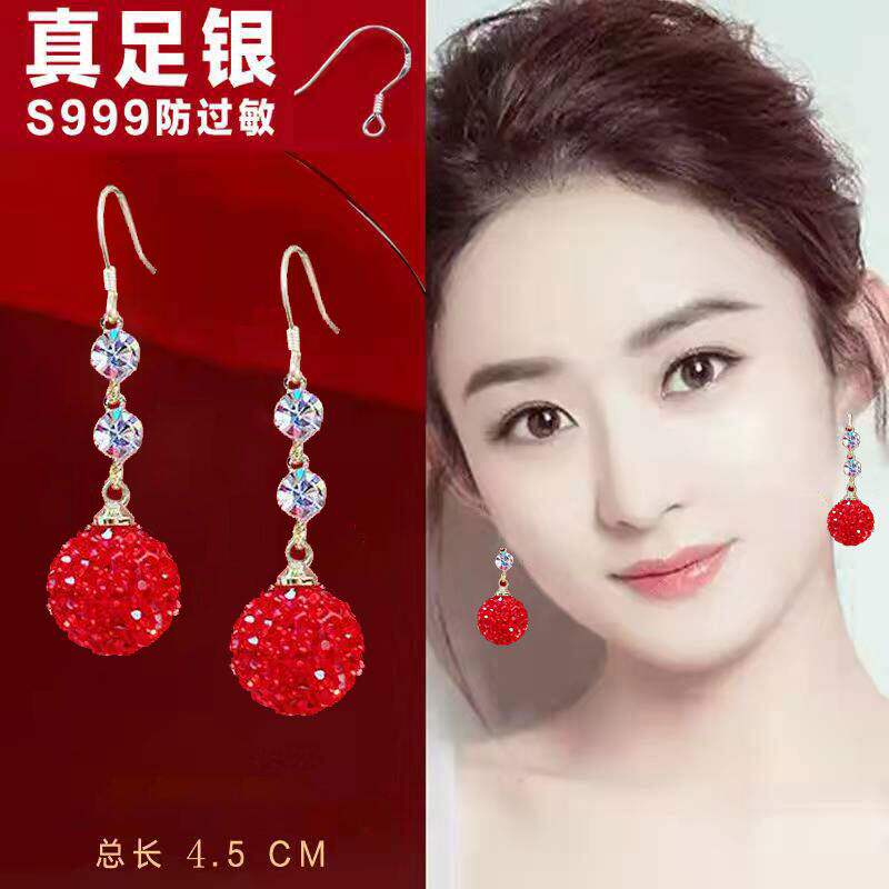 2026耳环耳饰红色999纯银女新款百搭气质耳扣耳坠长款新娘防过敏
