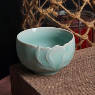 龙泉云间青瓷张旭手工刻花玉兰杯陶瓷茶盏品茗杯主人杯单杯陶瓷