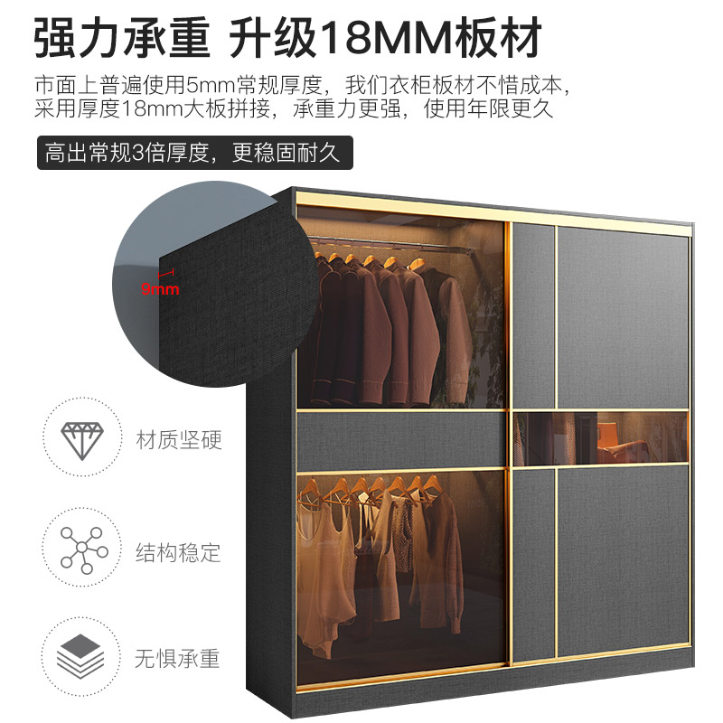 实木多层板推拉门衣柜现代简约移门衣柜家用卧室小户型滑门大衣橱