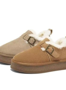 复古勃肯鞋2025冬季时尚加绒低帮黑色毛毛雪地靴女加厚保暖棉鞋子