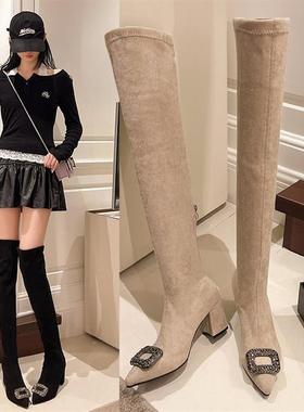 焊在腿上美式水钻方扣尖头弹力瘦瘦靴黑色性感侧拉链过膝长靴女