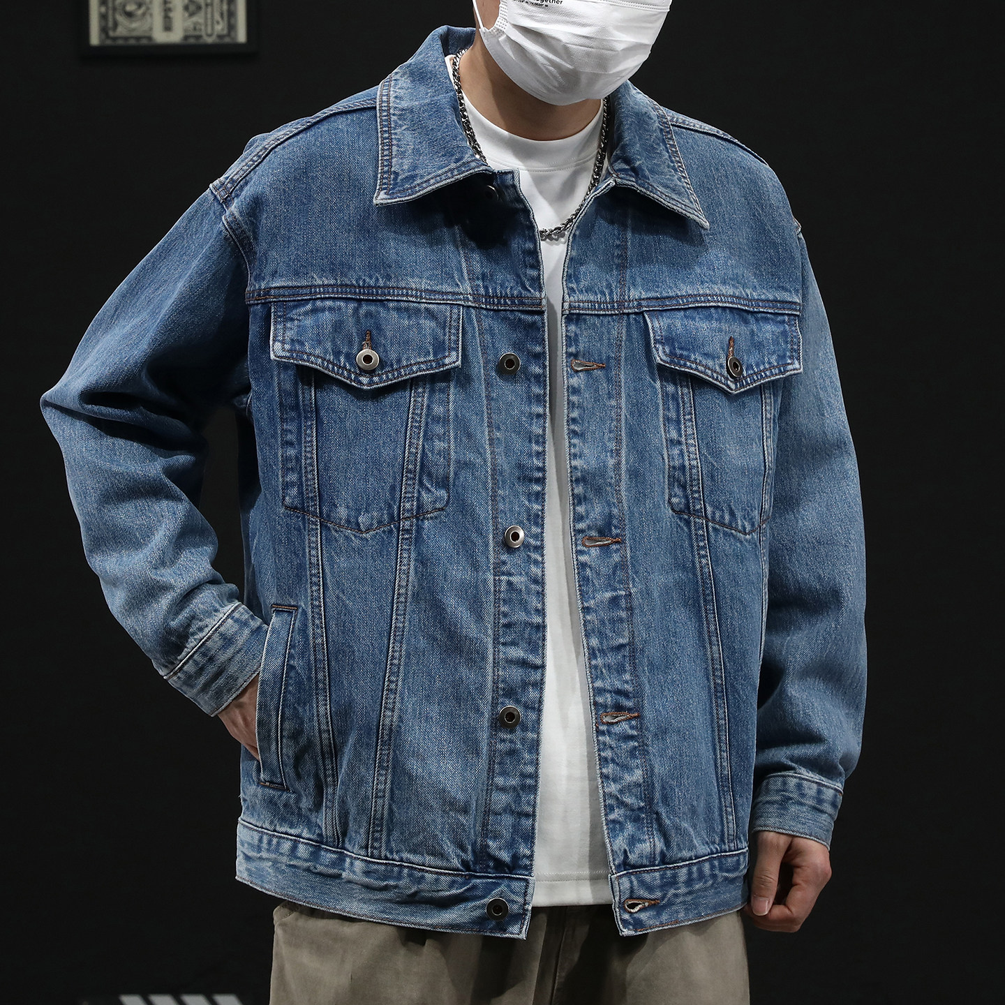 高端日系复古水洗经典牛仔外套男2026春季休闲宽松大码夹克上衣潮,男装,牛仔外套,淘宝优惠券,粉丝福利购,淘宝优惠卷