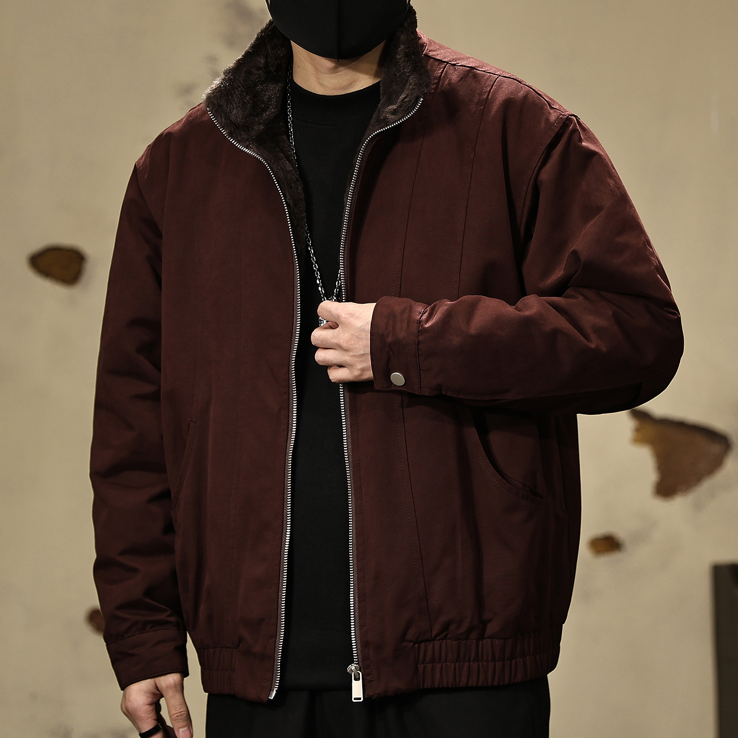 冬季加绒保暖仿兔毛夹克棉服外套