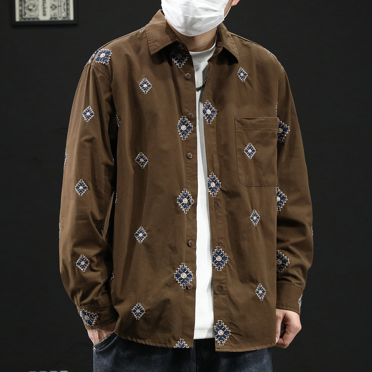 高端日系刺绣长袖衬衫外套男士2026春季新款潮牌宽松休闲翻领衬衣,男装,衬衫,淘宝优惠券,粉丝福利购,淘宝优惠卷