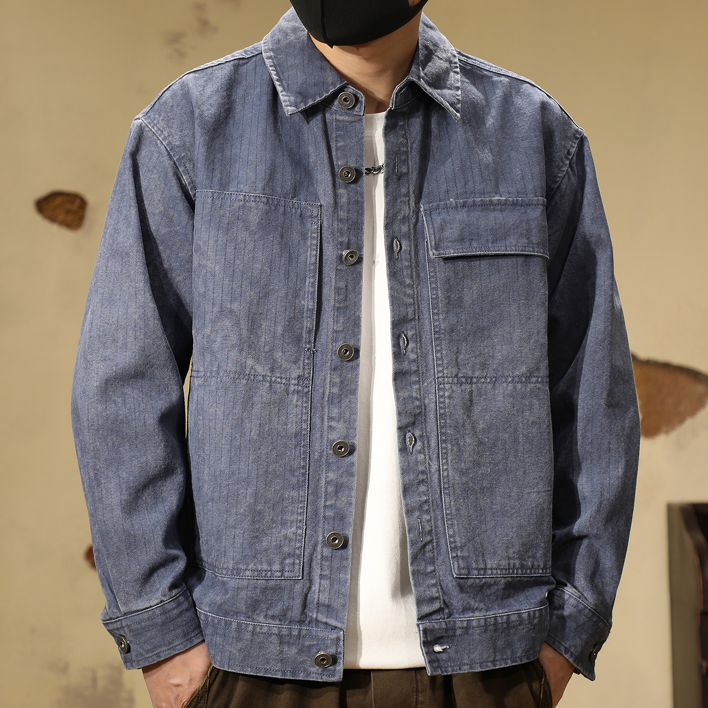 2025秋季新款美式印花条纹纯棉外套男潮牌重磅水洗休闲翻领夹克潮