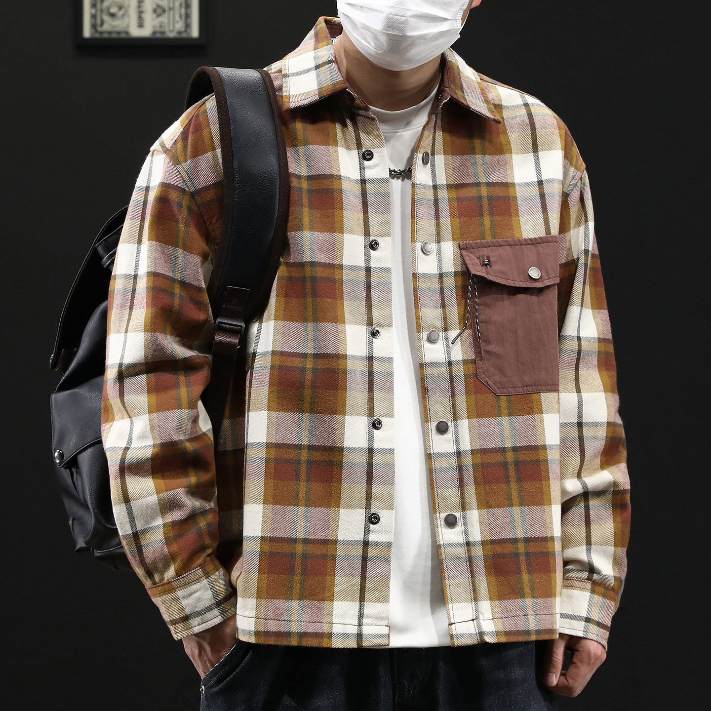 日系百搭复古格纹长袖衬衫男士春季新款口袋撞色设计翻领衬衣外套,男装,衬衫,淘宝优惠券,粉丝福利购,淘宝优惠卷