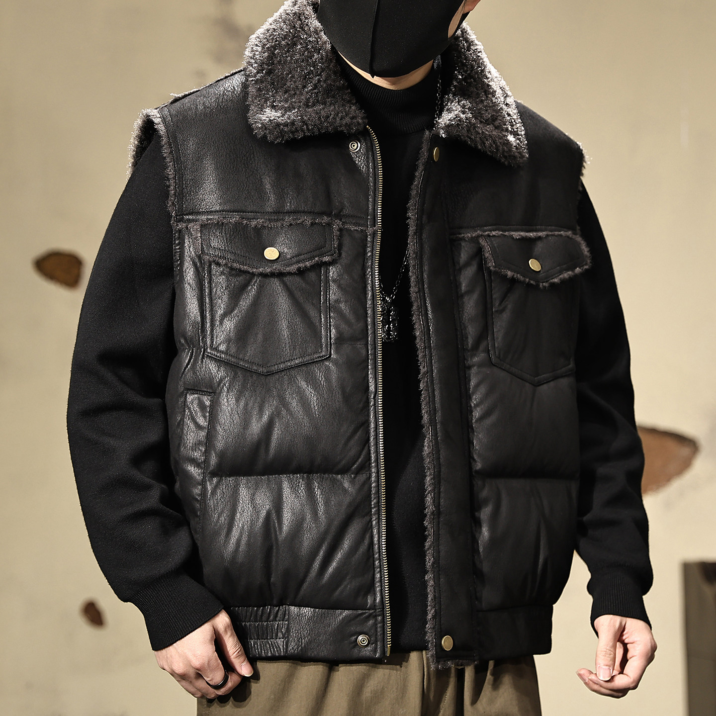 美式复古做旧裂纹皮衣羊羔绒马甲男2025冬季加厚保暖无袖棉服外套,男装,常规马甲,淘宝优惠券,粉丝福利购,淘宝优惠卷