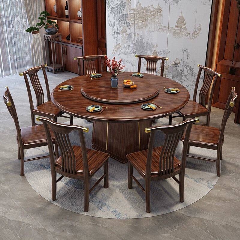 乌金木实木餐桌圆形带转盘现代新中式家用餐厅餐桌椅组合吃饭桌子