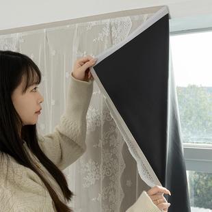 魔术贴遮挡小窗户短帘隔热法式 全遮光窗帘卧室飘窗免打孔安装 双层