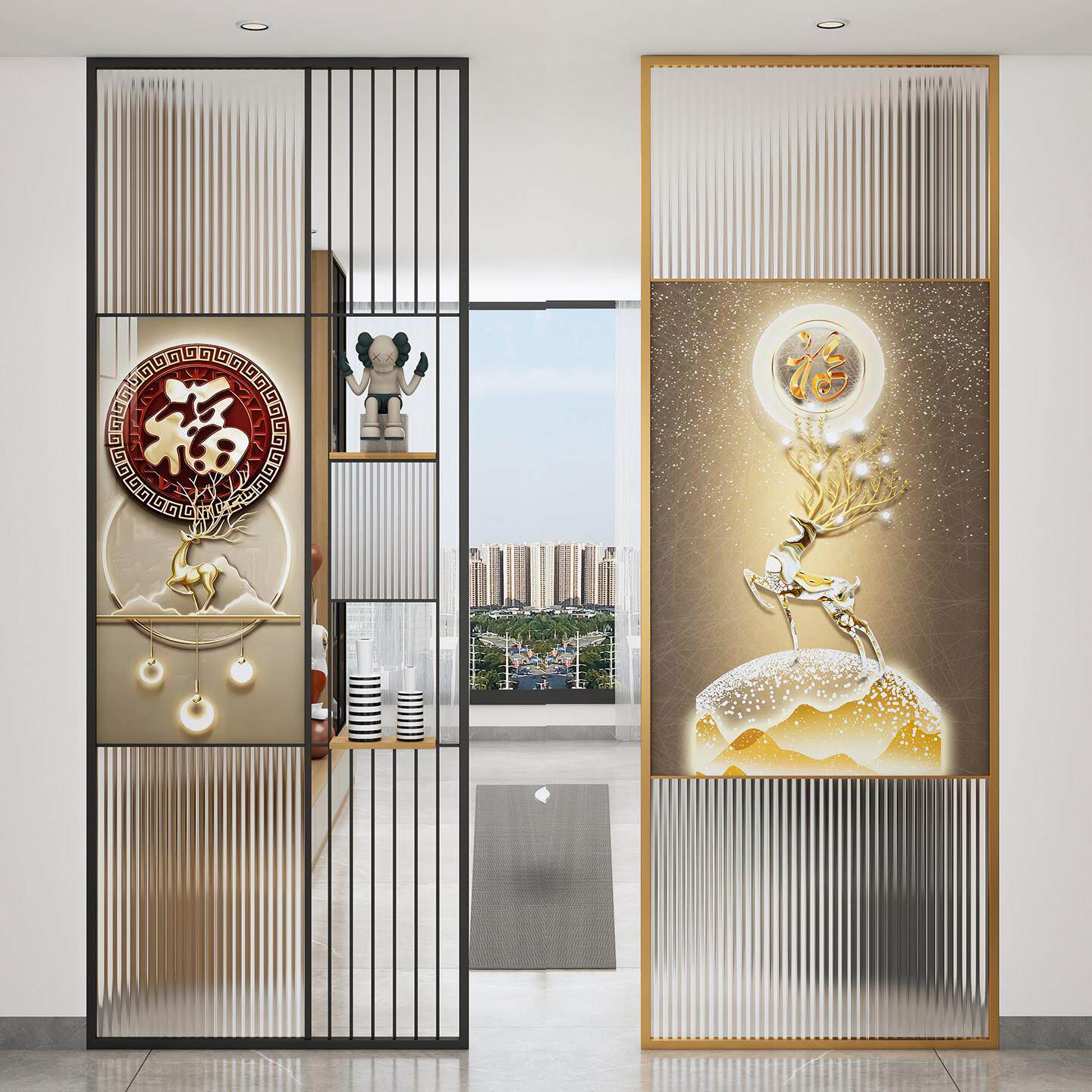 新现代铁艺不锈钢艺术玻璃屏风客厅入户门玄关轻奢高端铝合金隔断