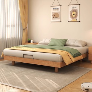 实木床橡木无床头榻榻米主卧齐边悬浮床简约小户型双人床排骨床架