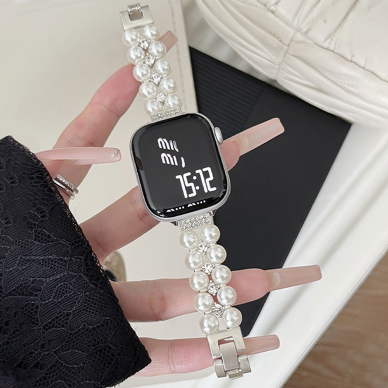 新款小香风表带适用iwatchS11双排珍珠表链applewatch女款精致s10苹果手表表带se3高级感腕带s9秋冬季老钱风,智能设备,智能手表手环表带/腕带,淘宝优惠券,粉丝福利购,淘宝优惠卷