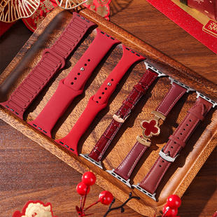 适用苹果s11真皮酒红色表带合集s10复古小牛皮s9智能s8按压键皮质表带s7高级腕表尼龙编织表链四叶草时尚皮带
