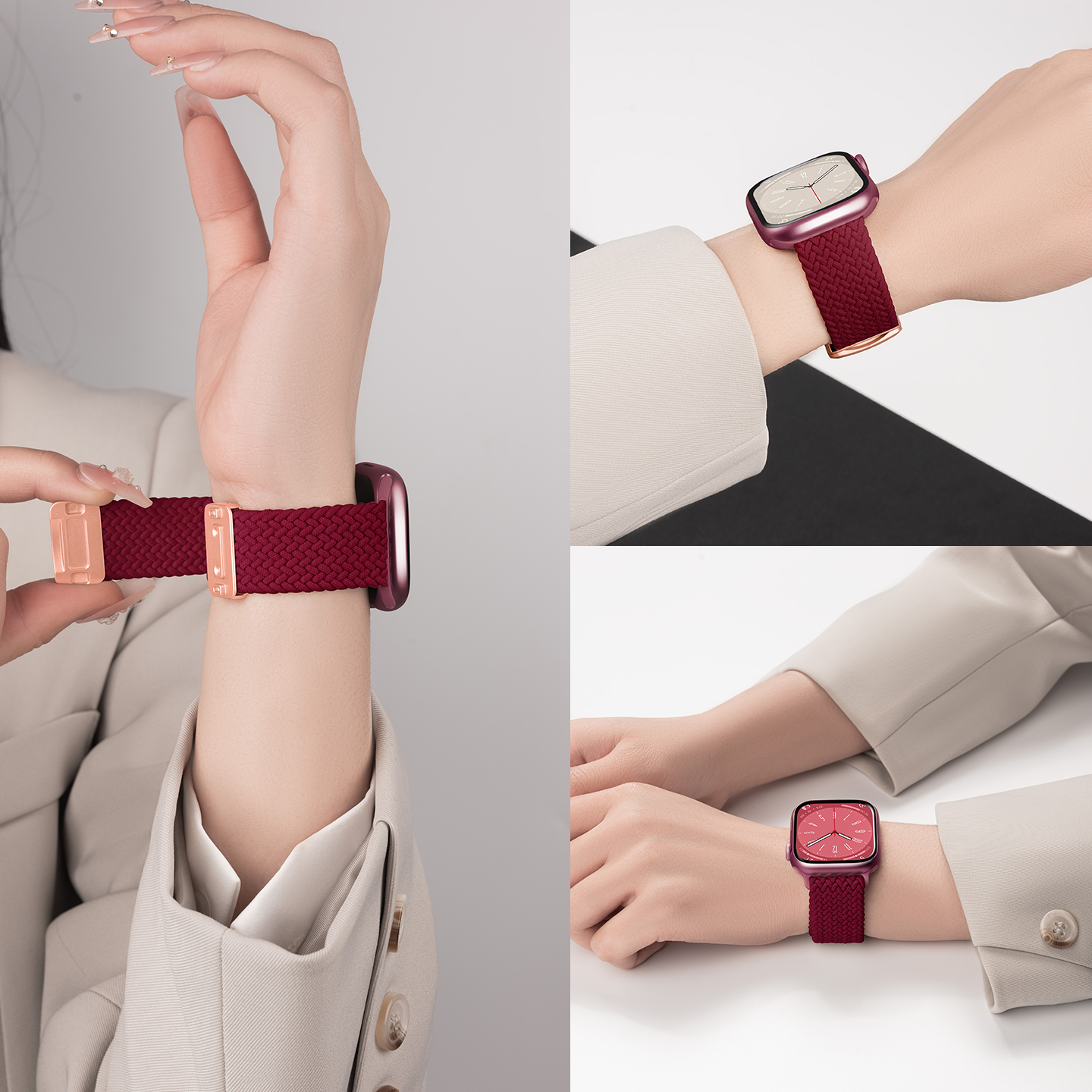 适用applewatch苹果手表iwatch表带s10尼龙编织s9女款se酒红色ultra2新款原装高级感回环磁吸扣精致小众女士