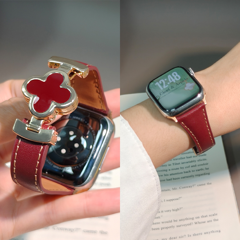 适用苹果手表表带皮质磁吸扣女生