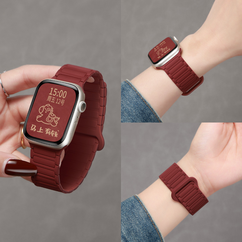 适用苹果手表表带11磁吸红色新年