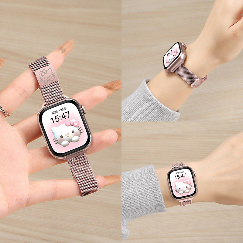 适用iWatchS10新款卡通kitty猫表带s9苹果手表金属腕带Applewatch磁吸扣s8米兰尼斯se运动超软透气ultra女生