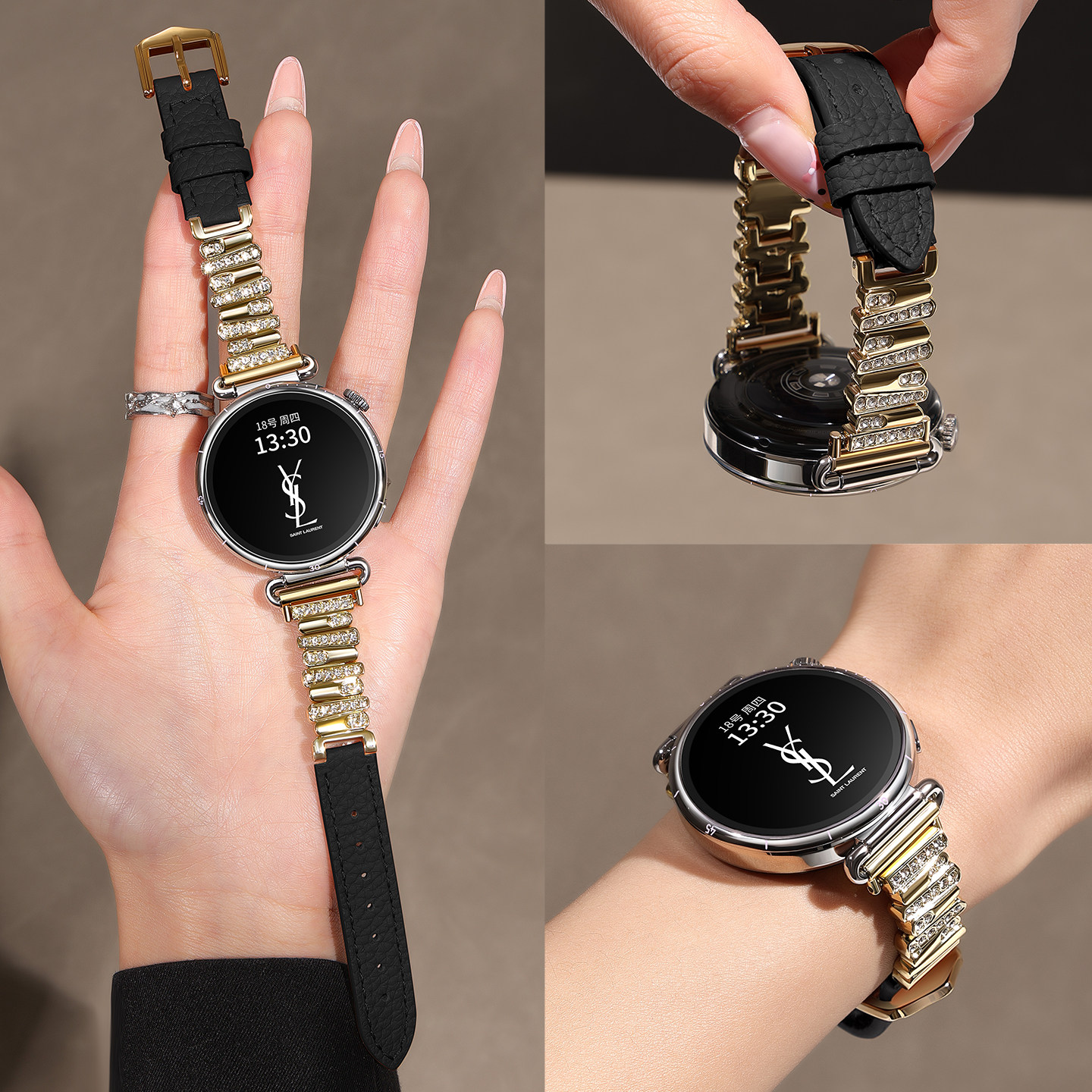 【黑天鹅同款】适用华为gt6表带gt5手表watch5女款镶闪钻gt5pro小香风gt4真皮荔枝纹gt3智能腕表5pro秋冬表链,智能设备,智能手表手环表带/腕带,淘宝优惠券,粉丝福利购,淘宝优惠卷