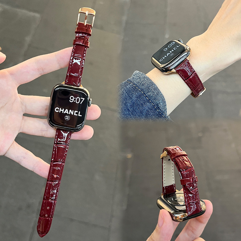 复古亮面小蛮腰表带适用iWatchs11表带竹节纹红色苹果s10皮质Applewatch夏天新款SE高级感ultra3女生精致腕带