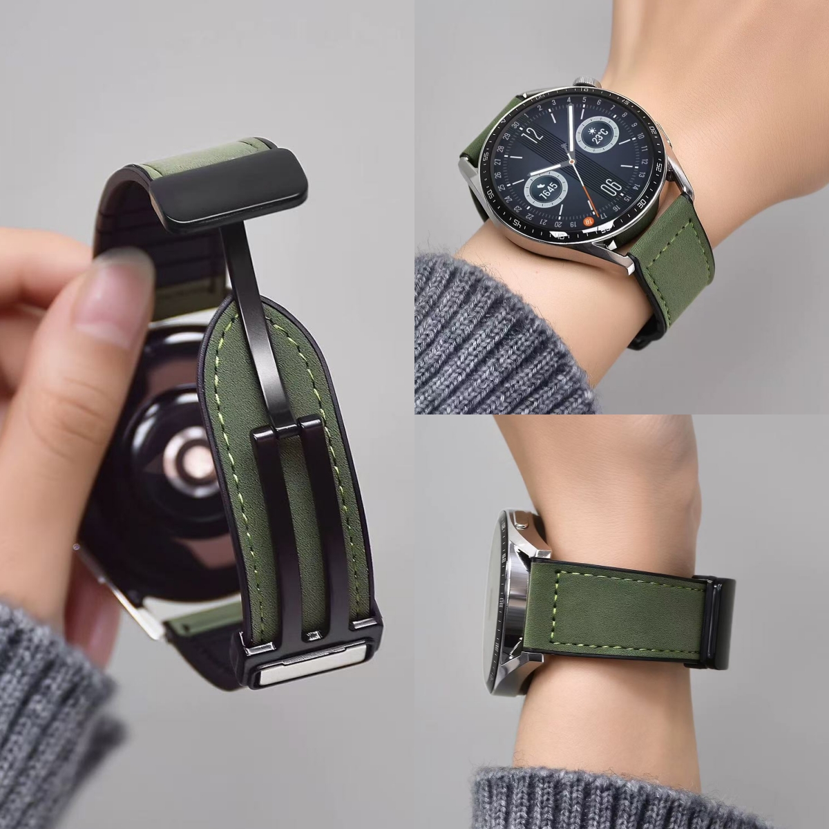 适用华为gt4疯马皮磁吸扣表带