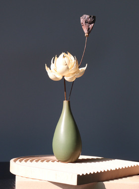 跨境景德镇复古花瓶绿色干花花器家居装饰新中式禅意陶瓷摆件