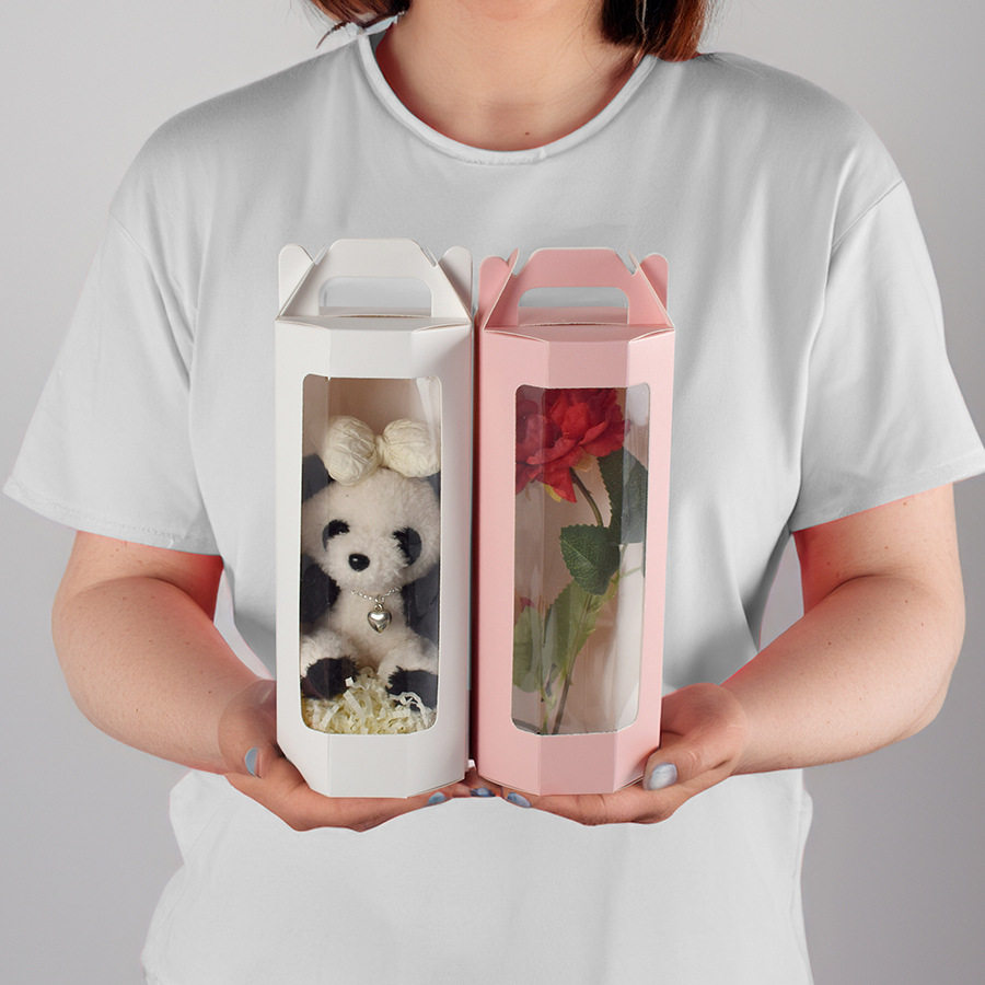 跨境简约八角透明展示盒现货纯色粉色开窗可爱折叠鲜花礼物盒10pc