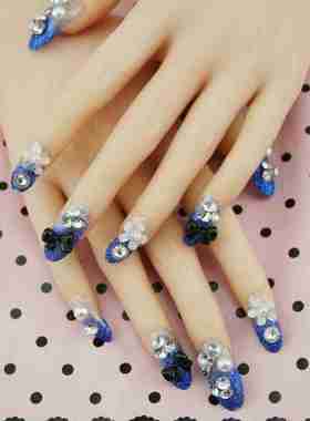 跨境24片蓝色星粉假指甲美甲贴片穿戴新娘甲可拆卸成品美甲工具na