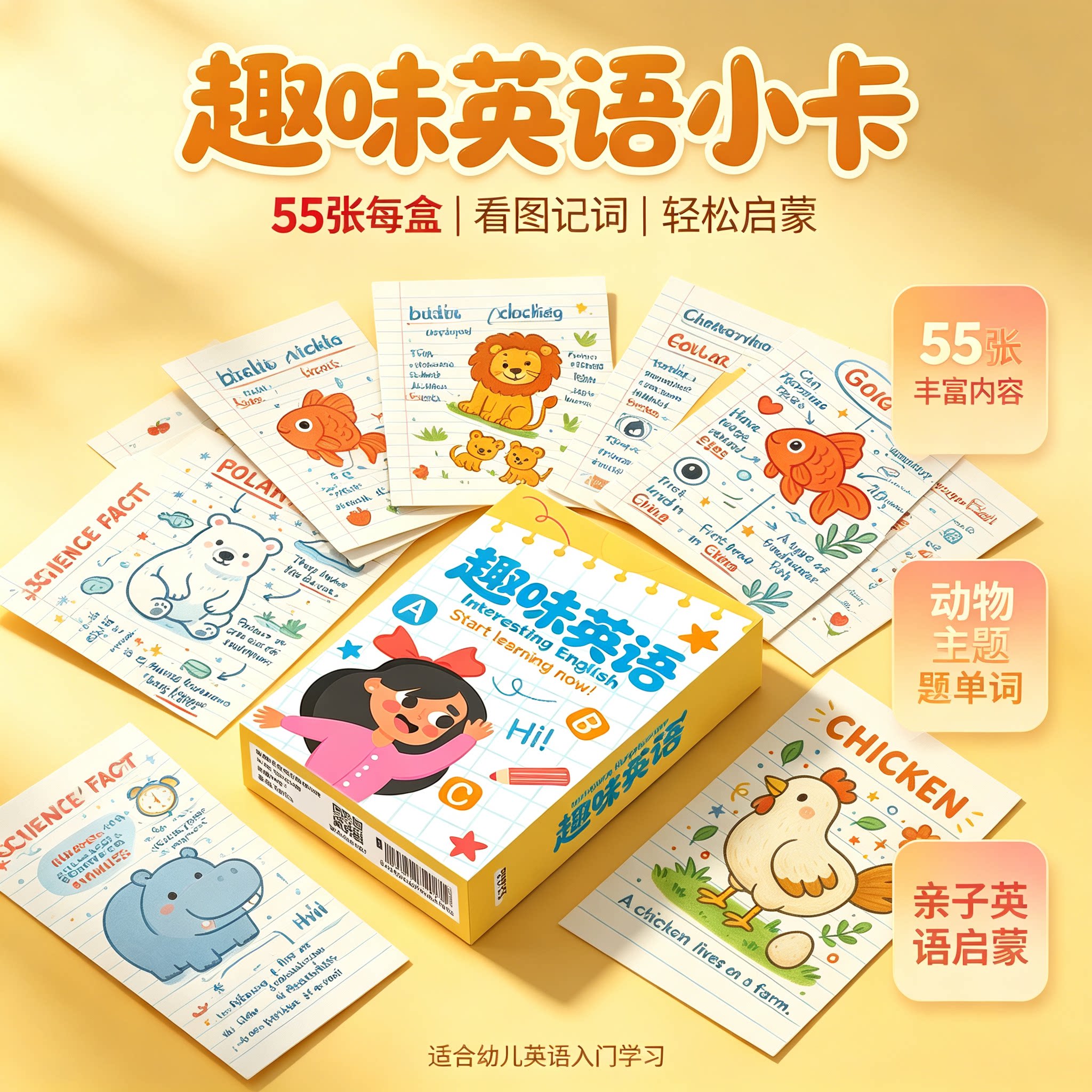 55张趣味英语小卡启蒙小朋友学习单词幼儿园教育每日英语朗读小学生便捷卡通看图记单词动物主题家庭素材卡片