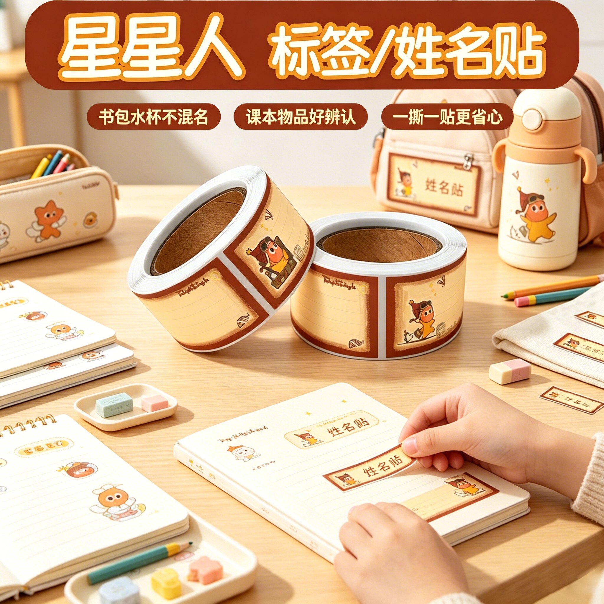 120贴TwinkeTwinkle星星人姓名贴卡通可爱卷卷贴手写书本科目物品分类装饰书面文具水杯桌面防水不干胶封口贴