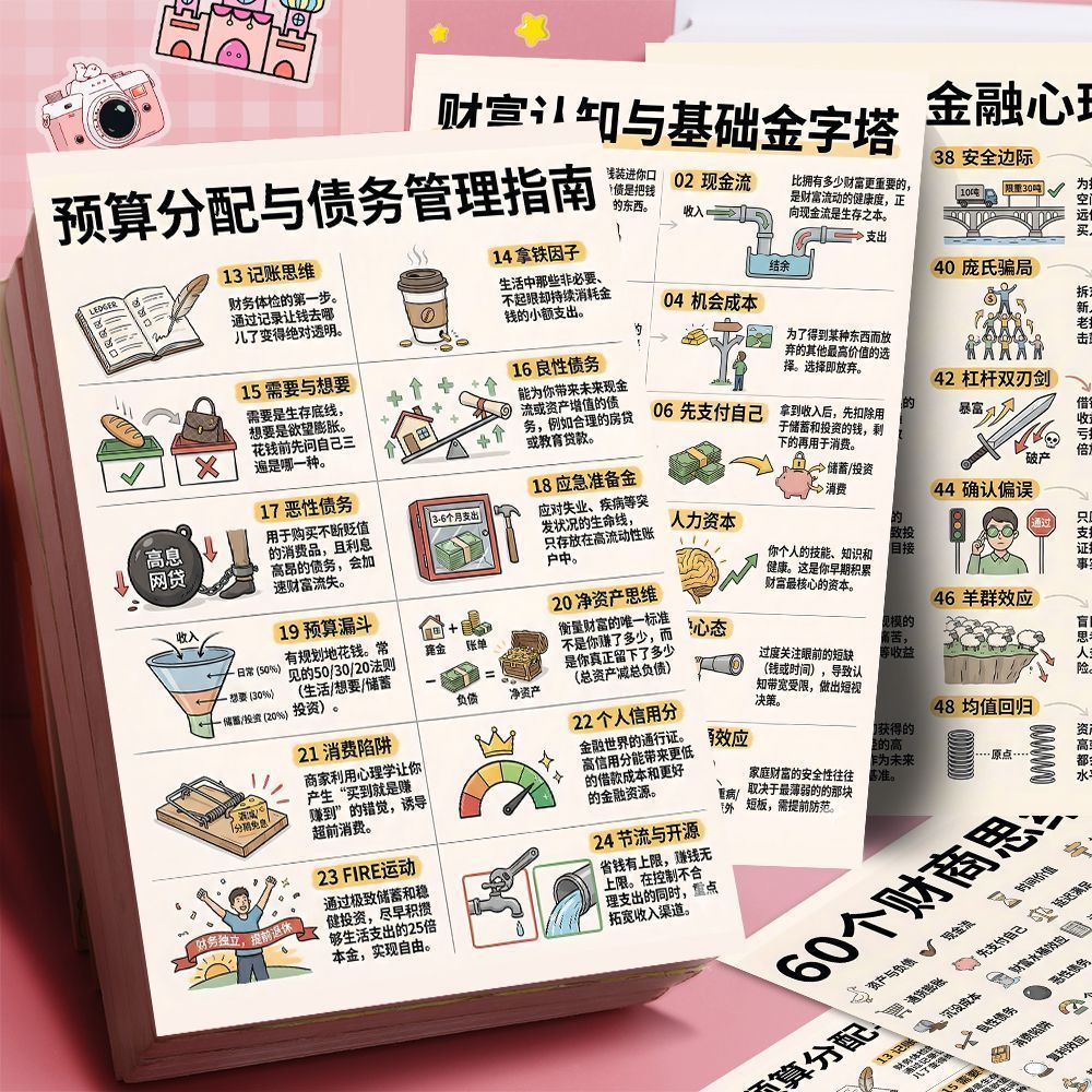 18张财商思维财富认知与基础金字塔预算分配与债务管理指南贴纸防水大尺寸防水不干胶素材diy自粘标签贴画纸