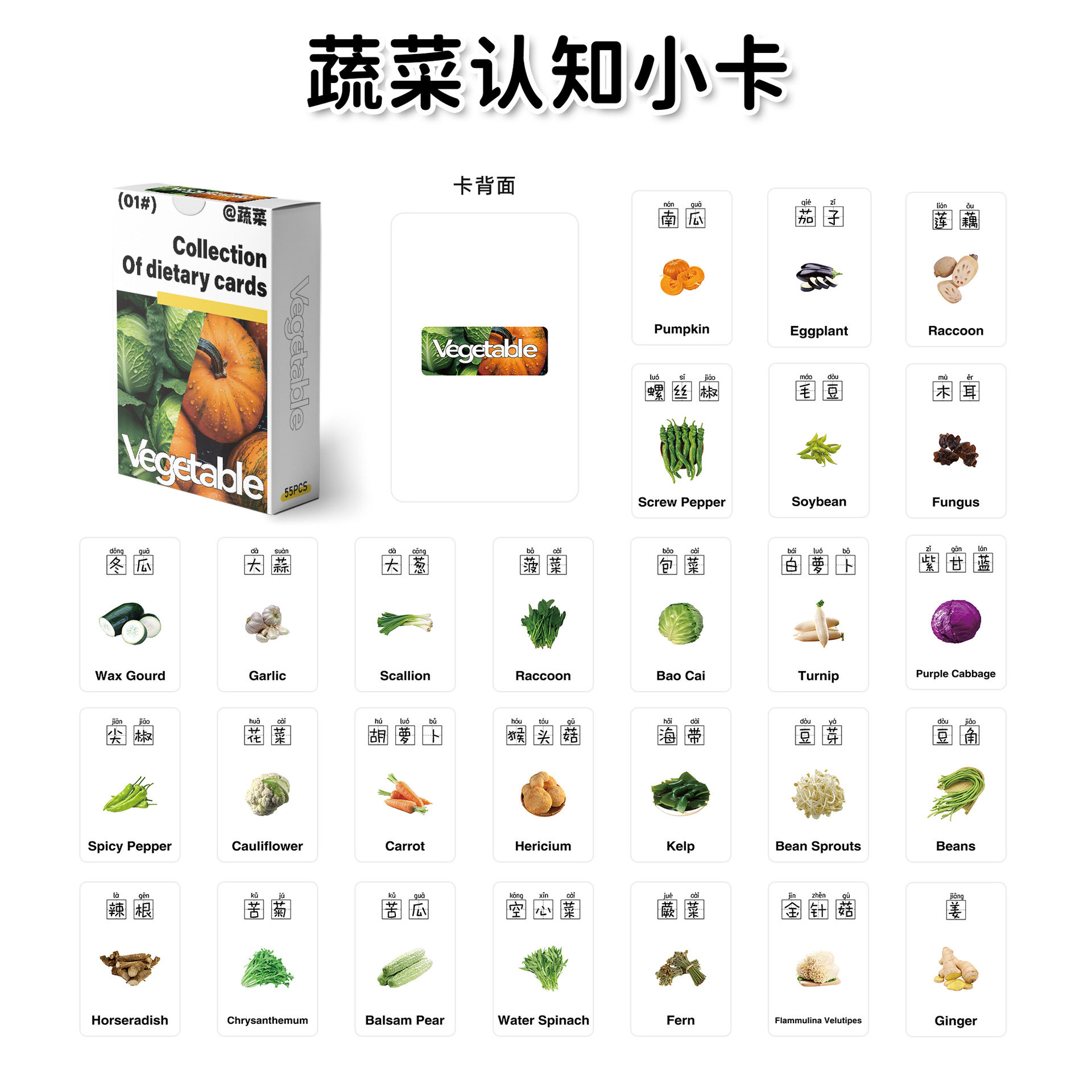 【大图释官方授权】55张蔬菜认知小卡儿童婴幼儿益智启蒙汉字拼音单