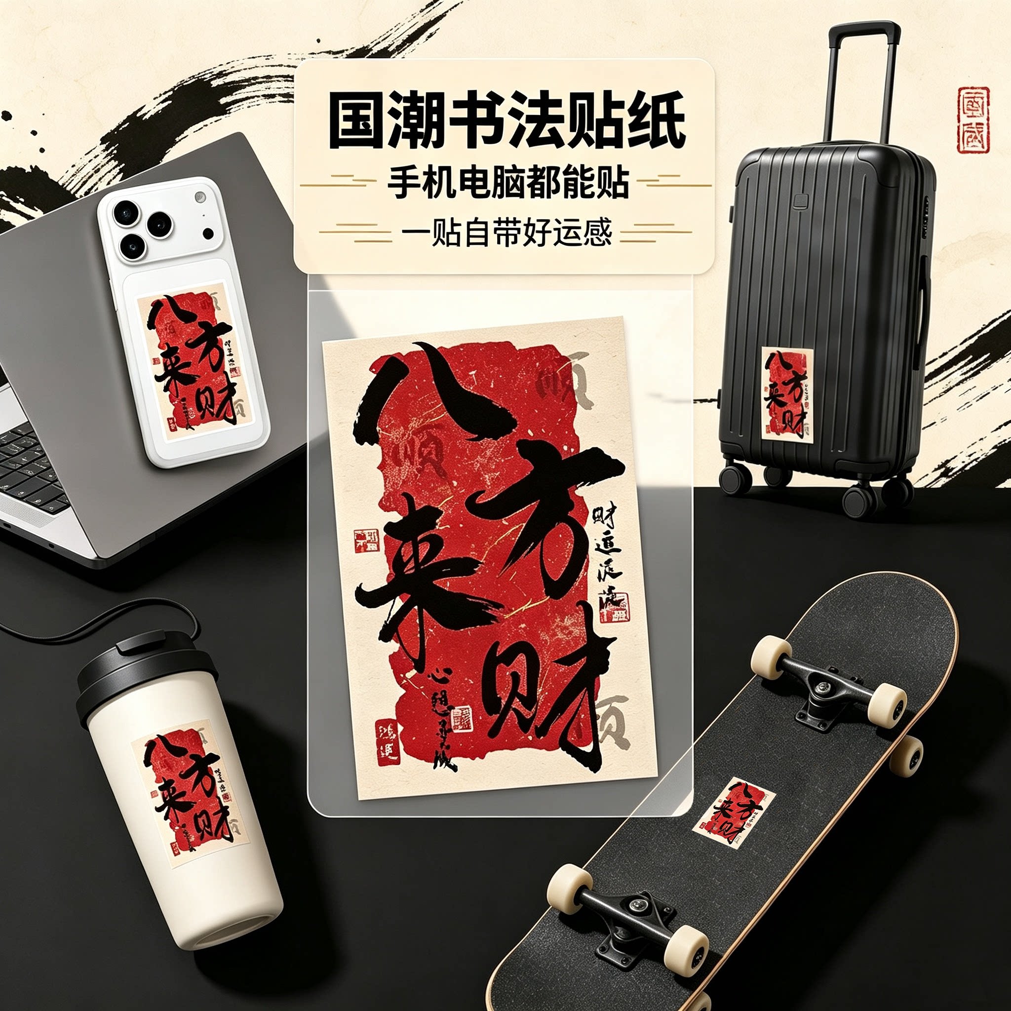 八方来财祝福语贴纸国潮书法语录财神好运幸运小狗小猫装饰手机壳手账本行李箱笔记本水杯防水不干胶标签贴画