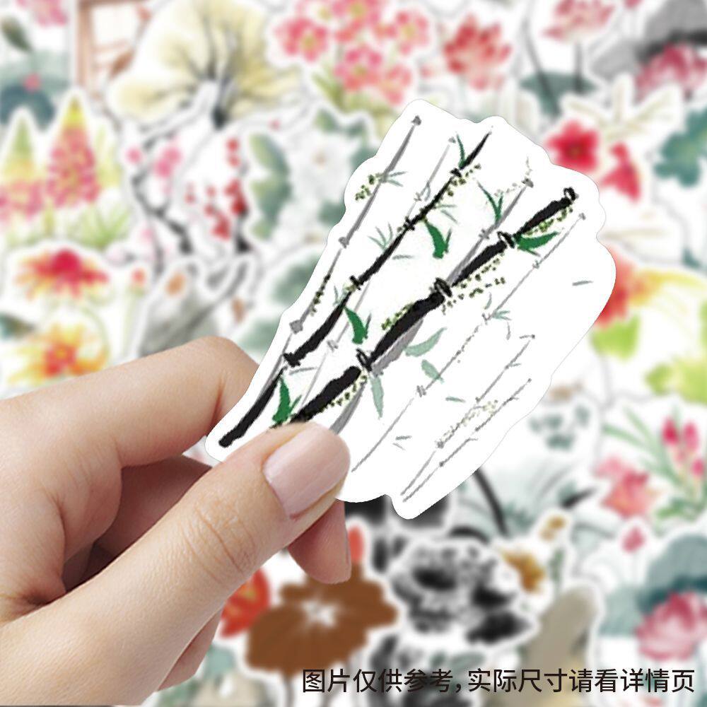【大图释官方授权】240张水墨风素材爆款国潮DIY清新ins植物花卉贴纸手账素材装饰diy自粘手机壳标签立体贴画