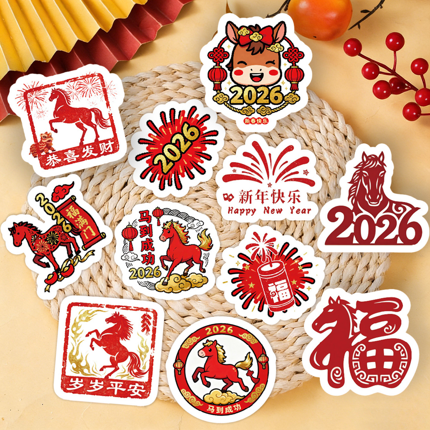 2026年新年快乐蛋糕装饰礼物包装盒贴纸封口贴马年春节喜庆氛围感装饰手机壳行李箱玻璃门窗花贴纸不干胶贴画