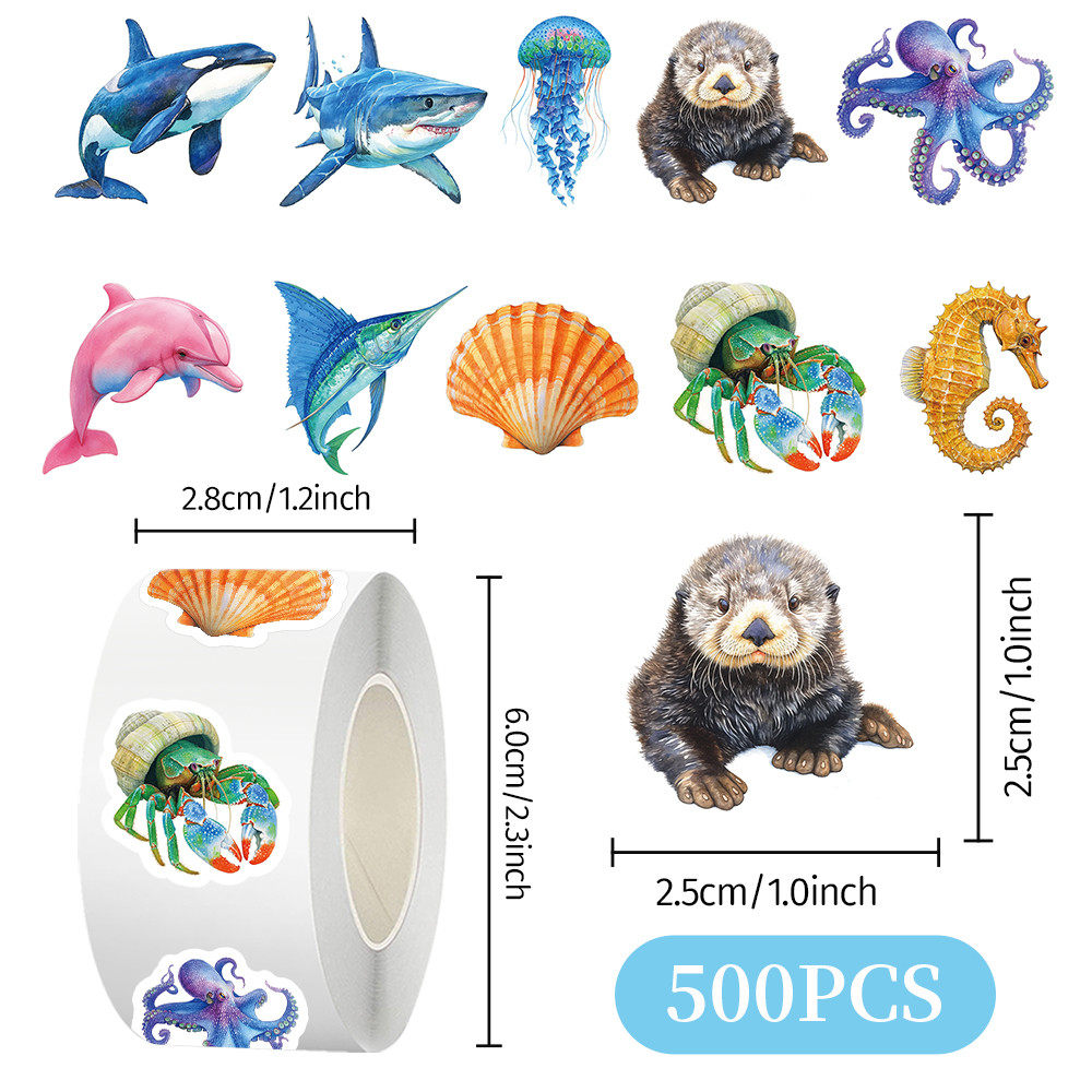 500贴海洋生物卷卷贴纸卡通动物彩绘图案diy装饰手账防水标签贴画